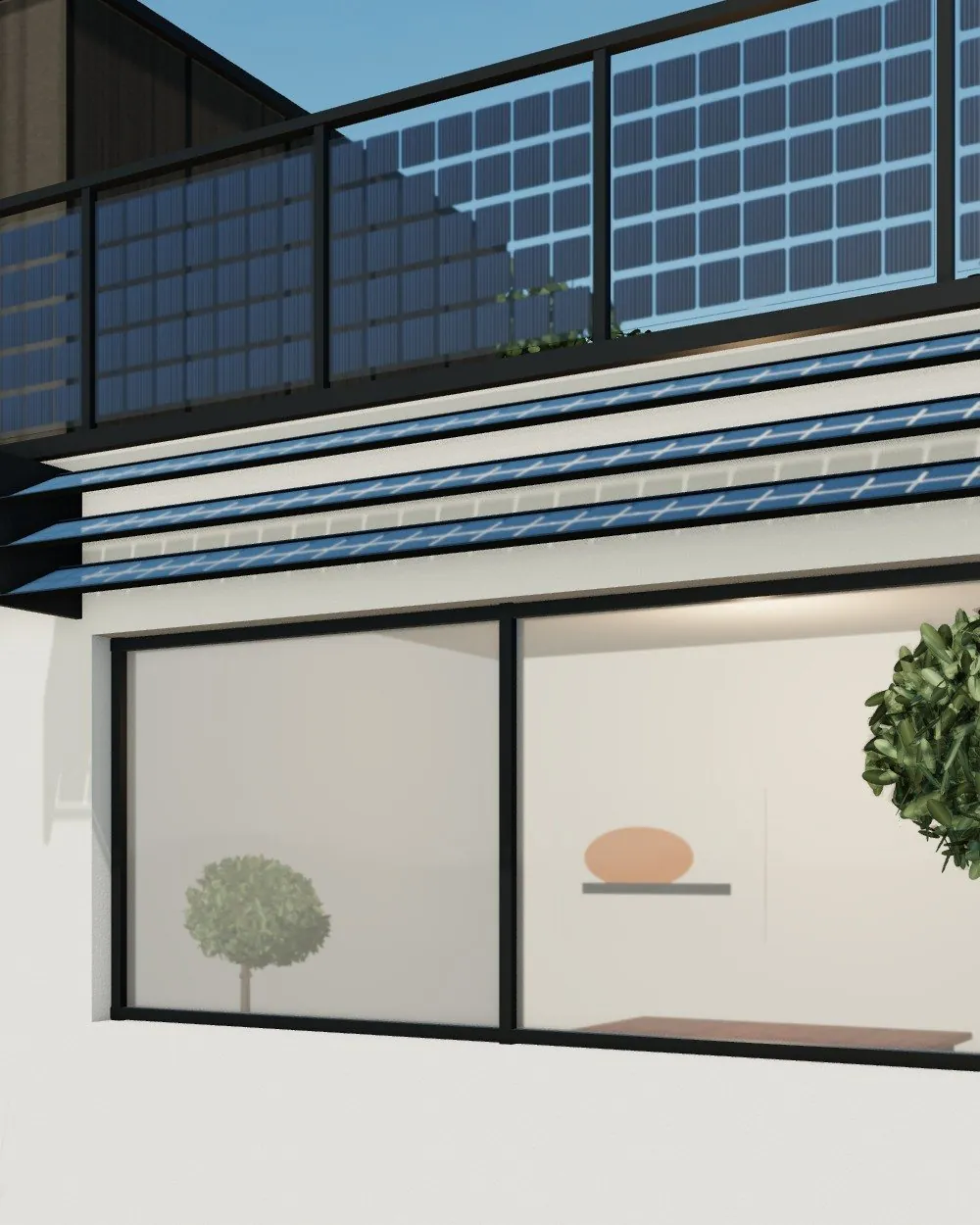 Brise-soleil en lames de verre solaire au-dessus d'une fenêtre.