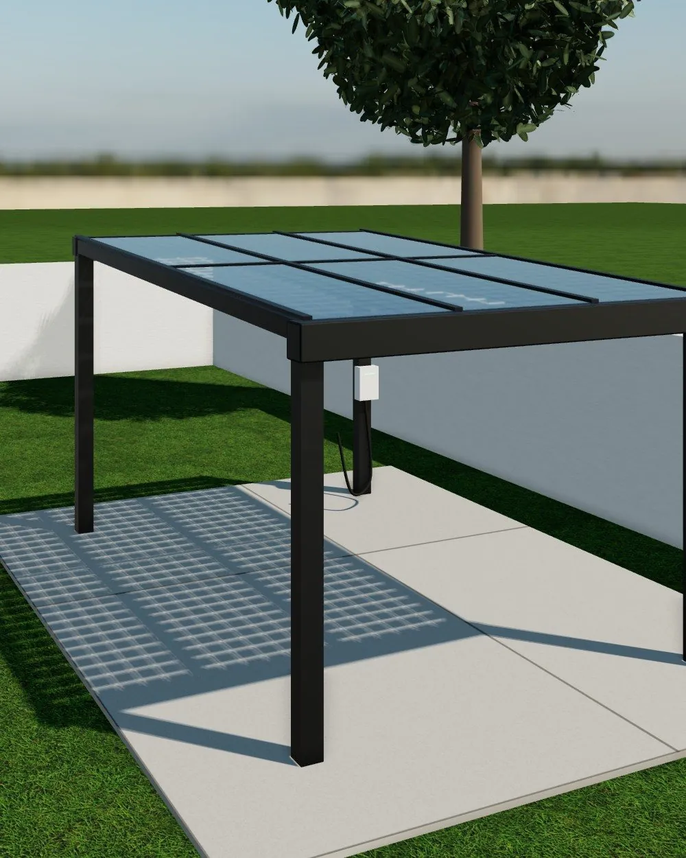 Carport en verre solaire abritant une voiture, avec borne de recharge.