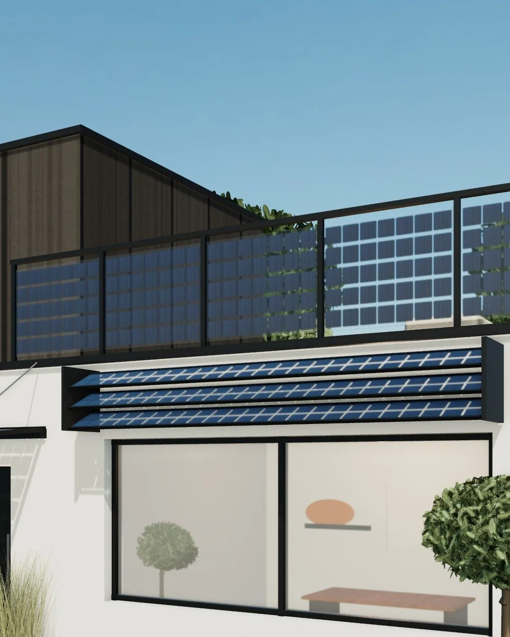Garde-corps en verre solaire sur un toit-terrasse.
